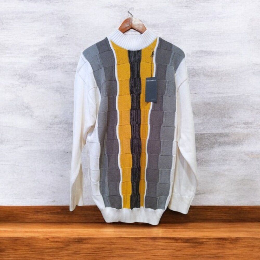 VTG Syllables System Mock Neck Sweater XL White Gray Mustard Textured Knit NWT